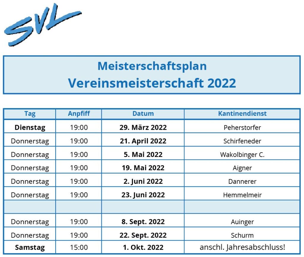 Vereinsmeisterschaft 2022 - Terminplan